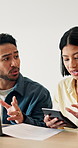 Couple, stress and laptop in home for finance, missing money and calculate expenses at documents. Man, woman and computer in house with budget mistake, disagreement and worry for unexpected debt