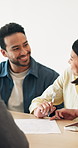 Signing, document and couple with smile in office, conversation and listening to real estate advice. Home loan, application and people with property investment, happy and talk with mortgage broker