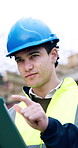 Construction, tablet and thinking with man outdoor for checklist, inspection or quality control. App, engineering and report with thoughtful contractor on building site for project management