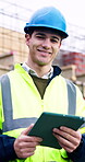 Construction, face and tablet with happy man outdoor for checklist, inspection or quality control. Architecture app, design and smile of engineering employee on building site for project management