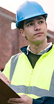 Clipboard, construction and thinking with man outdoor for checklist, inspection or quality control. Engineering, report and writing with thoughtful contractor on building site for project management