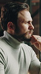 Thinking, ideas and businessman in office with planning for finance report with decision. Choice, problem solving and financial manager with brainstorming solution for investment proposal at agency