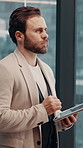 Businessman, thinking and decision with tablet in office, wealth management and planning for project. Financial advisor, reflection and person with tech in business, research and contemplating choice