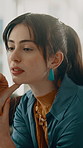 Creative, proofreading and woman in office for online report, research and thinking for article. Magazine agency, publishing and person with quality check, review and planning on tech for copywriting