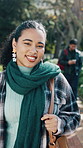 Walking, face and woman outdoor at university with confidence for education, studying or learning. Happy, commuting and portrait of student with pride at college campus for growth or development.