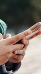 Typing, message and hands with phone at park, online and communication with contact on social media. Outdoor, networking and person with mobile for chat, internet connection and texting in nature