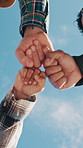 Outdoor, hands and college student with fist bump for applause, solidarity or teamwork for admission. Nature, below or happy people with support together for higher education acceptance, clap or goal