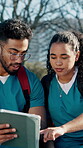 Nurse, students and people with tablet at park, scroll or academic project preparation with research. Outdoor, woman and man with tech for medical report, clinical trainee and plan for exam on web