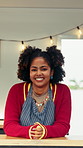 Happy, face and woman at food truck outdoor for coffee shop, friendly service and welcome. Business, entrepreneur and portrait of African person with smile for mobile cafeteria, restaurant and vendor