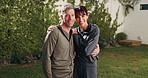 Fitness, face and couple outdoor for bonding with exercise, active hobby and morning routine. Marriage, happy and portrait of mature man and woman embrace for wellness, health and love in backyard