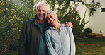 Fitness, face and senior couple outdoor for bonding with exercise, pilates and morning routine. Marriage, happy and portrait of man and woman hug for wellness, health and active hobby in backyard