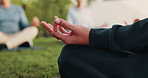 Meditation, person or hands with teacher in nature for spiritual wellness or outdoor mindfulness. Instructor, group or lotus pose with zen or lesson on grass field for chakra, mudra or inner peace