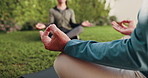 Meditation, teacher or zen with hands in nature for spiritual wellness or outdoor mindfulness. Instructor, group or lotus pose with lesson on grass field for chakra, mudra or inner peace together