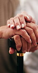 Cane, hands and rub senior woman for empathy, comfort or trust for assisted living in retirement. Old person, caregiver and together for love, understanding and kindness or support and compassion