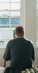 Thinking, back or old man in house with walking stick, daydreaming or nostalgia in calm mindset. Reflection, window and elderly person with disability, flashback or peaceful perspective in retirement