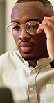 Office, glasses and man with laptop, thinking and planning for social media campaign and assignment. Marketing manager, online and reflection with eyewear, research and black person with technology