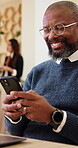 Happy, businessman and chat with phone in office, online and searching for financial updates on app. Wealth manager, texting and mature person with mobile, communication and research with technology