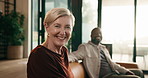 Laugh, couple and face of woman in home for bonding, connection and funny joke on weekend together. Marriage, portrait and mature people with humor, happy and relax for interracial relationship