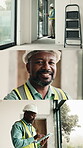 Tablet, contractor and face of black man in home for inspection, safety regulations or renovation. Architect, online blueprint and review with mature person for building supervisor and collage