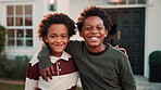 Property, face or happy kids hug in front yard for real estate purchase, home security or future. New house, black boys and excited with embrace outdoor for moving, fresh start and family investment