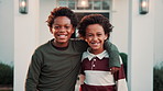 Real estate, face or happy kids hug in front yard for property purchase, home security or future. New house, black boys and laugh with embrace outdoor for relocation, fresh start or family investment
