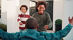 Running, happy kids and hug dad at front door for welcome home, family reunion and belonging. Arrival, excited black boys and embrace father outdoor at house for greeting, love and security in return