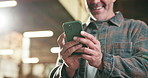 Phone, carpenter and hands of person in workshop for manufacturing, review and text supplier. Technology, woodwork and man with online message for joinery production with order, flare and smile