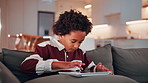 Boy, learning and sofa with tablet in home for digital interaction, entertainment or games. Child, kid or scrolling with technology or app for online subscription, network or connection in house