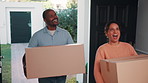 Happy, box and couple moving in new home with surprise for relocation, fresh start or accommodation. Excited, man and woman with package, parcel or cargo for property, investment or mortgage loan