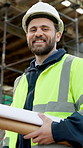 Face, architect and man at construction site with blueprint, urban development or remodeling. Portrait, happy person and document for engineer, pride and infrastructure for safety and quality control