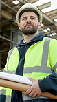 Man, architect or thinking with blueprint on construction site for building safety or security. Thoughtful, male person or civil engineer with smile for property contract, development or project plan