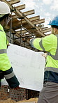Architect, men and planning with blueprint for building development or project on construction site. Male people, civil engineer or contractors with floor layout for structure, safety or security