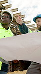 Architect, men or planning with blueprint on construction site for project or building development. Male people, civil engineer or contractor with documents for structure, safety or security together