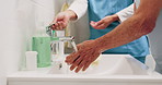 Bathroom, caregiver and senior person for washing hands, cleaning and hygiene for morning routine. Nursing home, assistance and nurse with elderly patient for help with health, cleanse and wellness