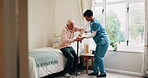 Help, nurse and senior man with cane in home for healthcare, elderly support or wellness. Retirement, caregiver and old person with patient care, homecare and lifting for mobility or recovery