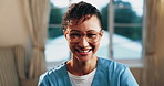 Face, happy woman and nurse in home for medical wellness, homecare and support worker. Glasses, caregiver and mature person with smile at house for career integrity, about us and healthcare assistant