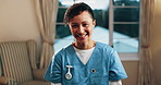 Face, happy woman and nurse at house for healthcare, homecare service and support worker. Portrait, caregiver and mature person in nursing home with smile for wellness, about us and medical assistant