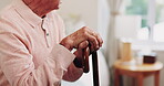 Mental health, thinking or hands in house with walking stick,
introspection or insight with nostalgia. Reflection, flashback or senior person with disability, perspective or mindfulness in retirement