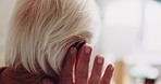 Elderly, woman and ear with hearing aid for audio, sound or awareness for balance in house. Senior, female person or retirement with medical senses for speech, noise or treatment in nursing home