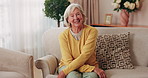 Wellness, face or senior woman in home with day off, positive attitude or optimistic for weekend break. Wellbeing, portrait or elderly person with good mood, confidence or happy moment in retirement.
