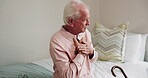 Health, discomfort or old man in house with chest pain, chronic illness or concern in heart attack. Worry, space or senior person in home with massage, lung disease and cardiac arrest in retirement.