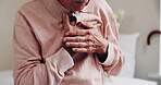 Health, hands and old man in house with chest pain, chronic illness and concern in heart attack. Worry, sick and senior person in bedroom with massage, lung disease and cardiac arrest in retirement.