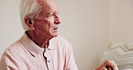 Mental health, thinking or old man in house with walking stick, introspection or nostalgia in mindset. Reflection, space or senior person with disability, perspective or flashback in retirement.