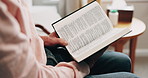 Bible, hands and senior person in bedroom for morning prayer, worship study or Christian faith in home. Reading, religion and elderly pensioner with holy book, gospel or spiritual guide in house