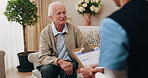 Nurse, clipboard and senior man on couch for assisted living, medical service and care in nursing home. Retirement, paperwork and caregiver with elderly person for healthcare, support and help
