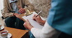 Nurse, clipboard and hands on couch for assisted living, medical service and writing in nursing home. Retirement, paperwork and caregiver with elderly person for healthcare, support and consultation