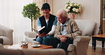 Caregiver, reading and old man in nursing home with bible, Christian religion or discussion for faith. Nurse, senior person and conversation in retirement with holy book, spiritual belief or guidance