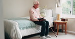 Bible, thinking and senior person in bedroom for morning prayer, worship study or Christian faith in home. Reading, religion and elderly pensioner with holy book, gospel or spiritual guide in house