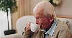 Thinking, old man and relax in home with coffee, start day and daydreaming for weekend break. Thoughts, senior person and rest in lounge with beverage, reflection and remember memory for retirement
