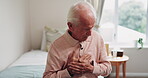 Health, discomfort and old man on bed with chest pain, chronic illness and concern with heart attack. Worried, sick and senior person in home with massage, lung disease and hypertension in retirement
